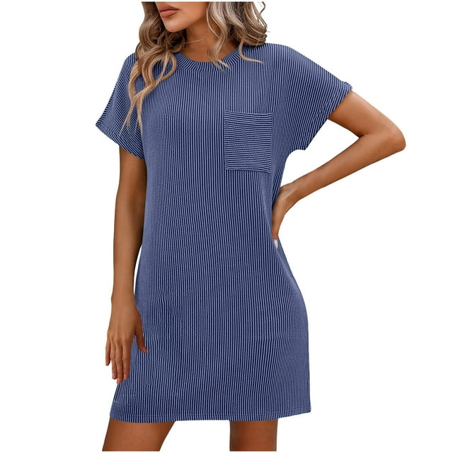 Staron Womens Dresses Summer Clearance Under $10 Short Sleeve Color Contrast Ribbed Cute Spring Dresses Crewneck Tunic Tshirt Mini Dress