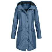 Dezsed Women Raincoat Waterproof Trench Coat Clearance Women's Solid Color Rain Jacket Outdoor Hooded Waterproof Windproof Long Coat Blue XL