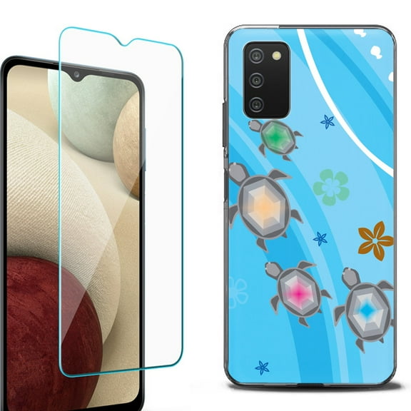 Slim-Fit Protective Fashion Phone Case (Black) for Samsung Galaxy A03s, with Tempered Glass Screen Protector, by OneToughShield ® - Happy Turtle