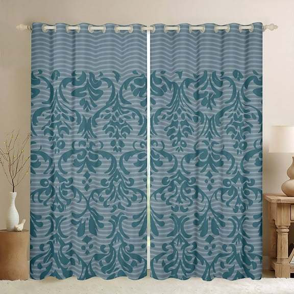 Manfei Vintage Teal Damask Black Out Curtains, Tribal Mandala Flower Floral Curtains Pack of 2 (42x63 Each), Teens Adult Female Bedroom Curtains, Window Curtains Decor