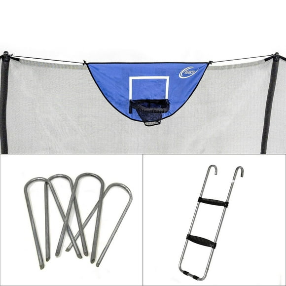 SKYWALKER TRAMPOLINES Accessory Kit for Outdoor Trampolines, Universal Hook 2 Step Anti Skid Wide Step Ladder, U - Shaped, 4 Pack, Heavy Duty Wind Stakes, Basketball Game