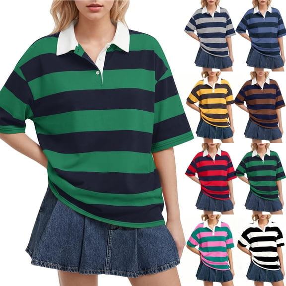KDDYLITQ Striped Shirt Women Oversized V Neck Casual Polo Shirts Short Sleeve Rugby Collared Pullover Loose Fit Tops Green L