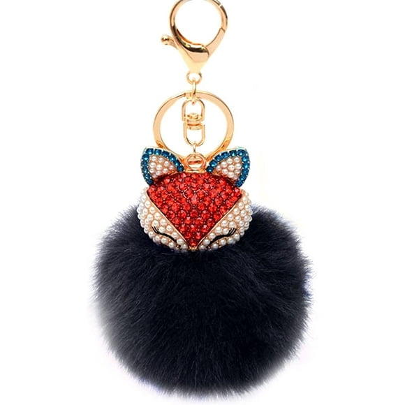 Fox Keychain(Black) Drill Rhinestone Pendant Tassel Decoration Hanging Keyring Crystal Key Ring for Wallet