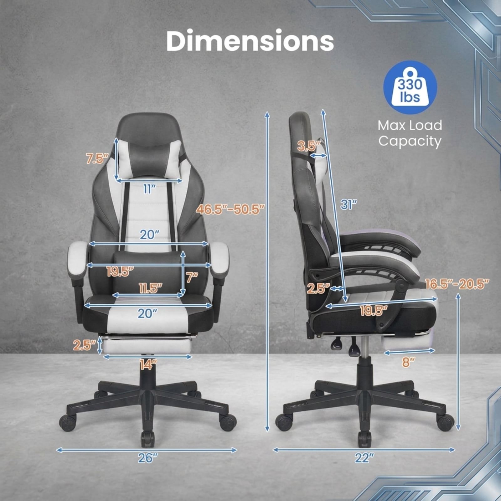 Furnibear Ergonomic Video Game Chair with Headrest 155 Degree Reclining Backrest Retractable Footrest and Swivel Base for Home Office, Gray
