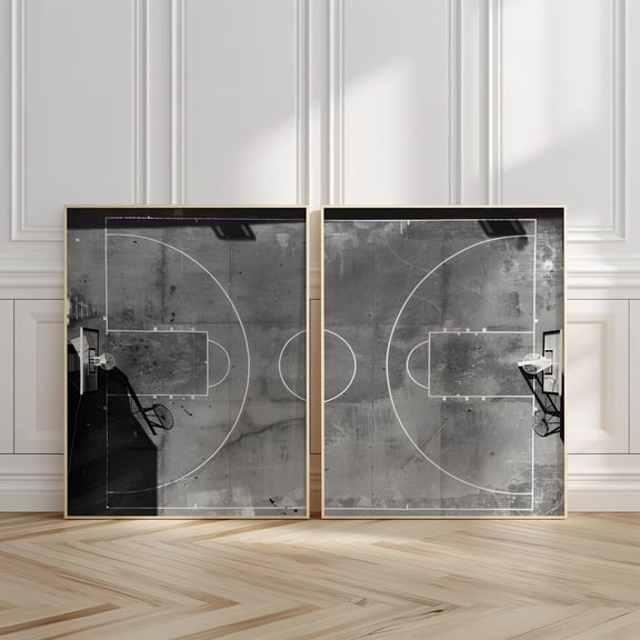 Vintage Basketball Court Vintage Sports Old School Basket Decor Hoops Art Set 2 Unframed Paper Print 8x12