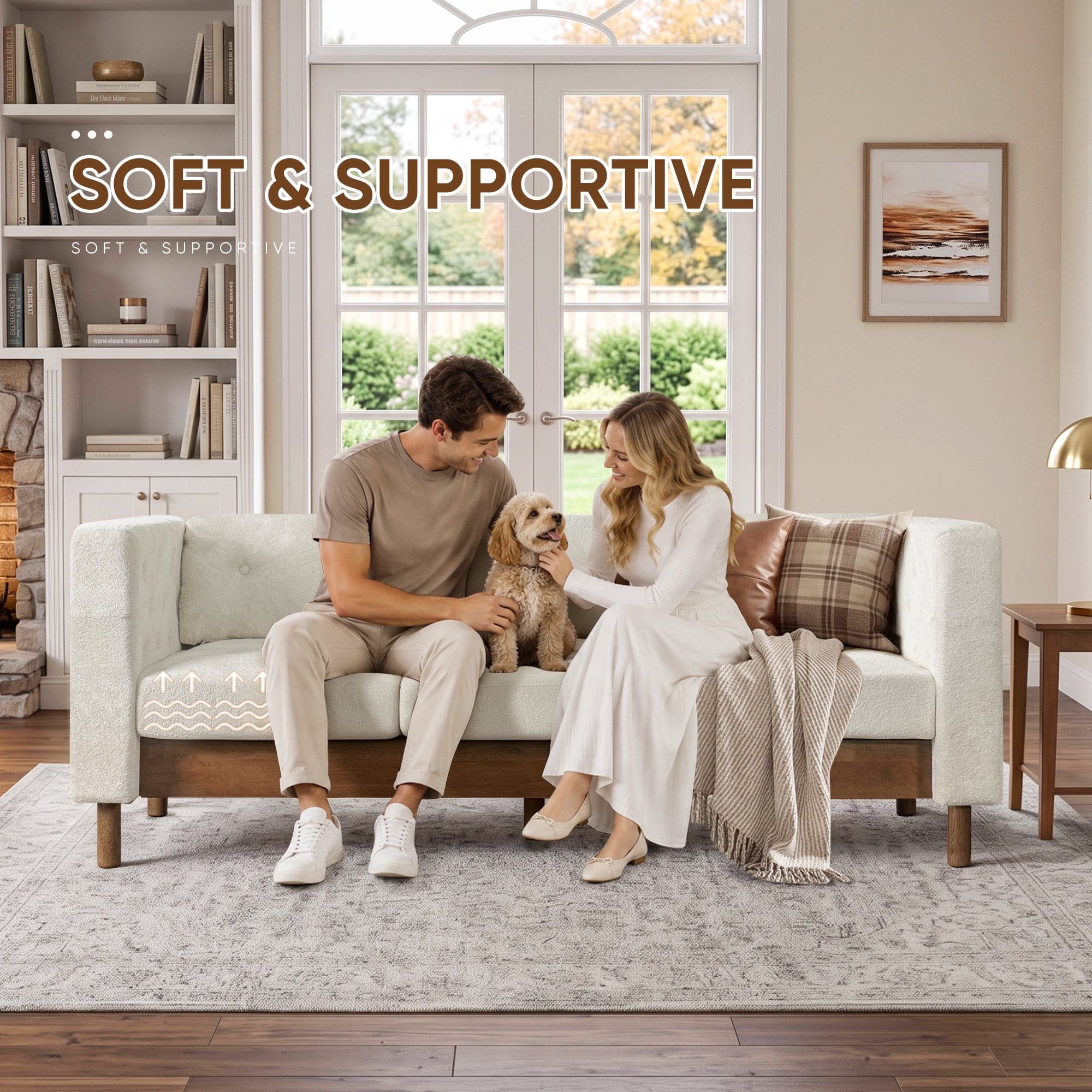 Lunale 78" Chenille 3-Seater Sofa, Modern Mid‑Century Upholstered Couch for Living Room, Apt., Tufted Design & Wood Legs, Beige