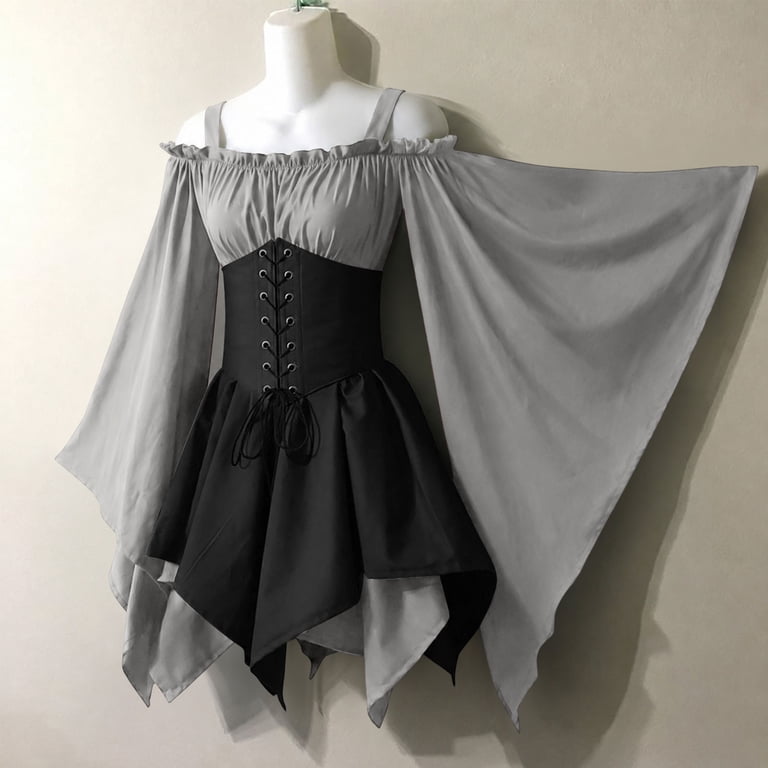 short gothic corset dress Witch Dresses for Women Elf Cosplay Halloween Costumes Vintage Masquerade Irish Traditional SP25 - 260 Color:Lily of the Valley Jacquard Black Black Lace Dress - Costume Victorian lace neckline with