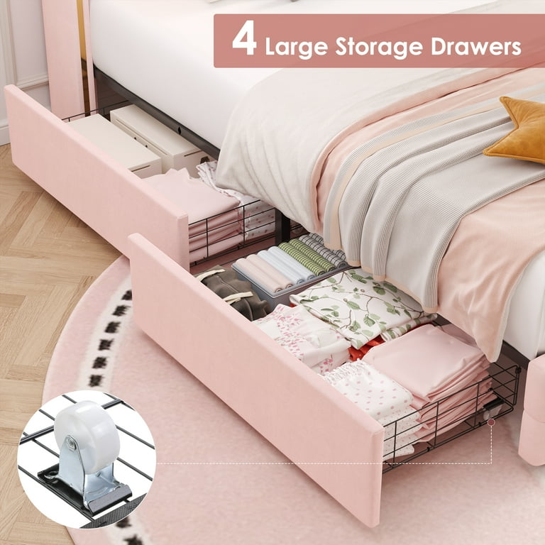 Homfa Twin Size LED Bed Frame with 4 Storage Drawers, Velvet