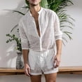 thumbnail image 2 of Conjunto de camisa de encaje para hombre Conjunto de pantalones cortos huecos casuales transpirables de color puro de manga larga floral para hombre Blanco L, 2 of 6