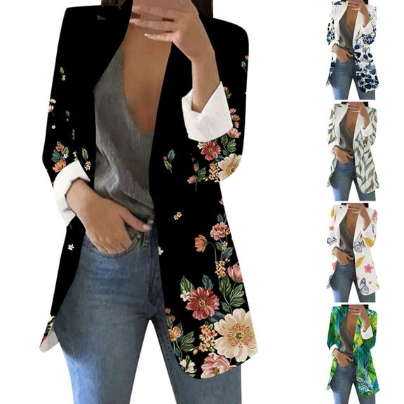 Women's Printed Suit Cardigan Coat, Fashion Casual Long Sleeve Loose Comfortable Open Front Blazer for Daily Wear and Office Outfits, in Army Green, Size L