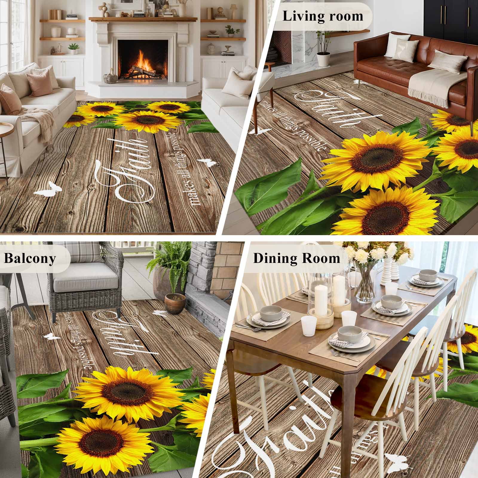 8x10 Area Rugs for Living Room, Spring Sunflowers Non Slip Area Rugs for Kitchen Bedroom Entryway, Country Farmhouse Brown Wooden Plank Washable Carpet Runner Rug Floor Mats for Bedroom Home Decor