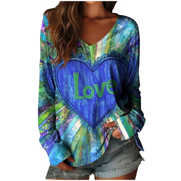 Women Graffiti Pullover Shirts Love Heart Tops Long Sleeve Shirt Loose Fit Tshirt V Neck Blouse Lightweight Thin Blouses Stylish Womens Spring Outfits T-Shirt Valentine Gifts