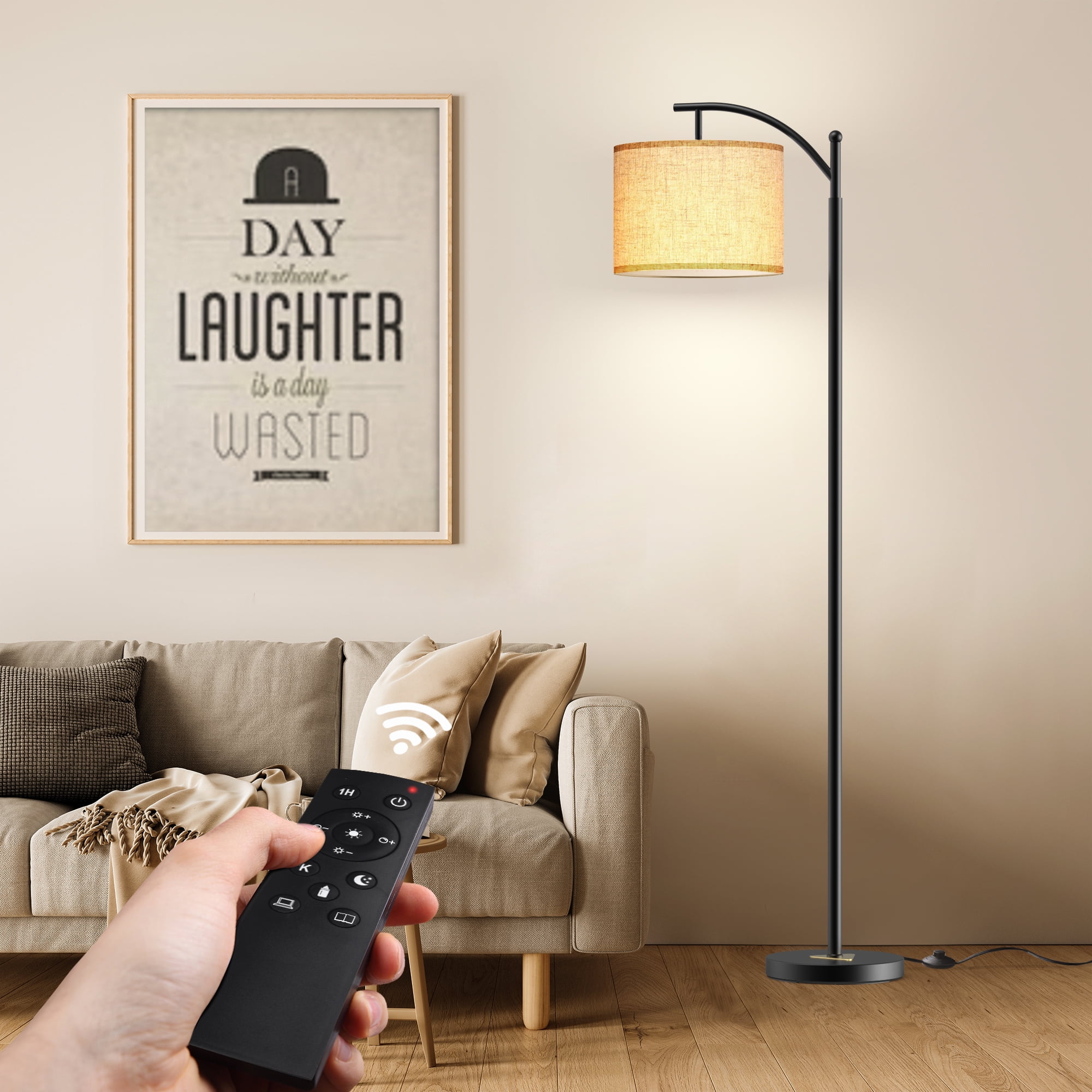 JURULU 62'' Arched/Arc Floor Lamp with Remote Control and Bulb Included,White Lampshade