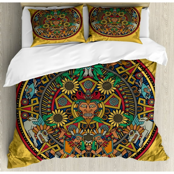 Aztec Duvet Cover Set Queen Size, Ancient Folklore Elements with Animals and Geometric Figures Colorful Historic Symbol, Decorative 3 Piece Bedding Set with 2 Pillow Shams, Multicolor, by Ambesonne