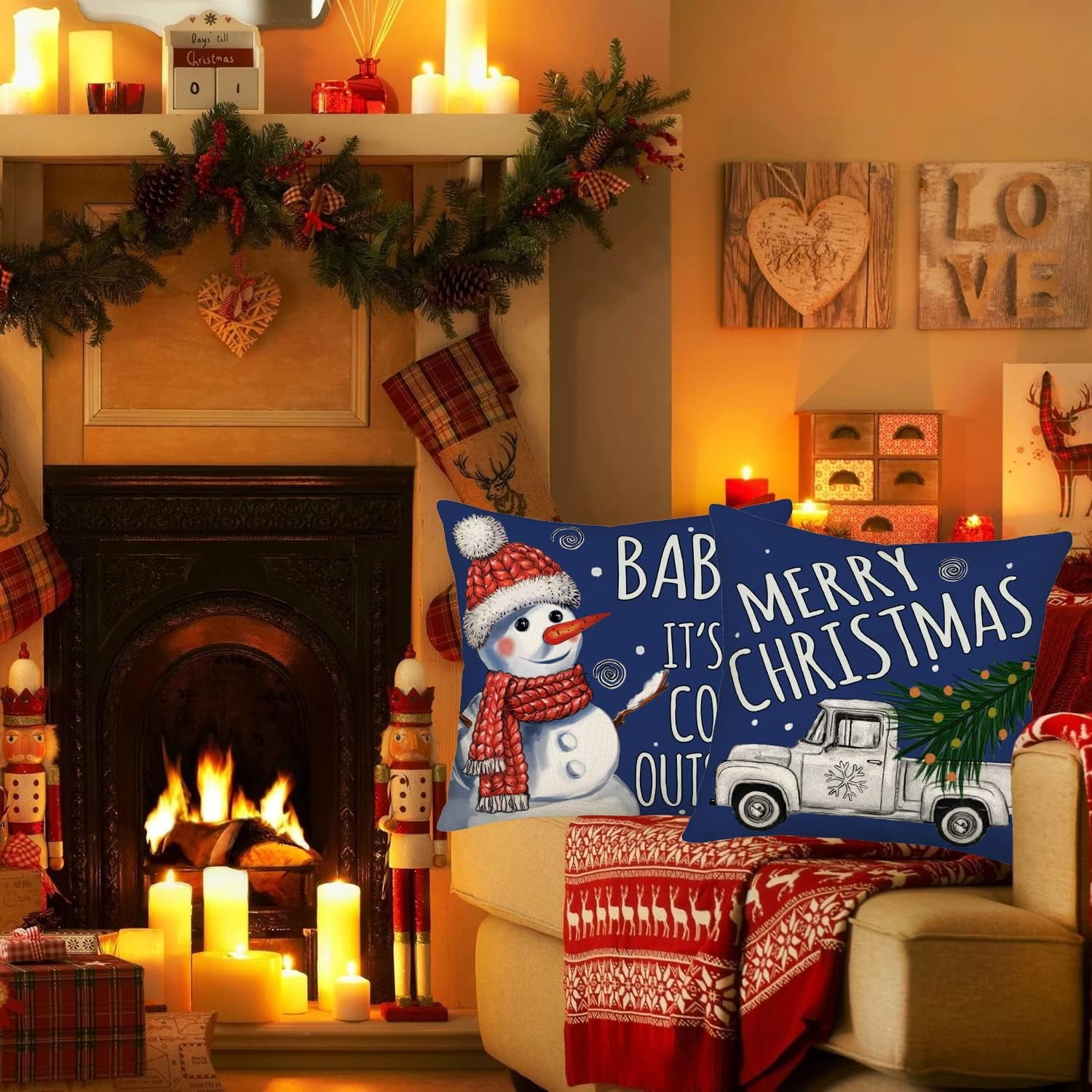 Winter Christmas Pillow Covers 18x18 Inch Silver Truck Snowflake with Blue Farm Xmas Tree Snowman Baby It’s Cold Outside Let it Snow Throw Pillow Cases New Year Decor Set of 4 Cushion Cover