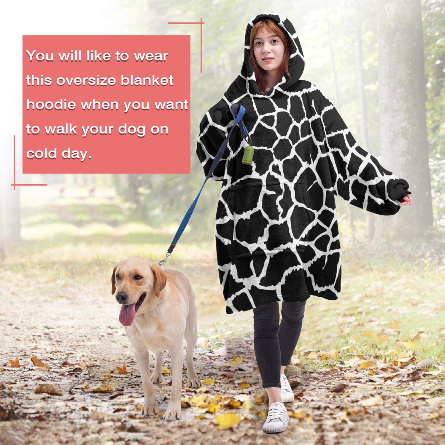 Black and White Giraffe Pattern Wearable Oversized Blanket,Wearable Blanket Hoodie for Adults,Cozy Hooded Blankets with Super Pockets,Super Warm Fuzzy Pullover for Women & Men