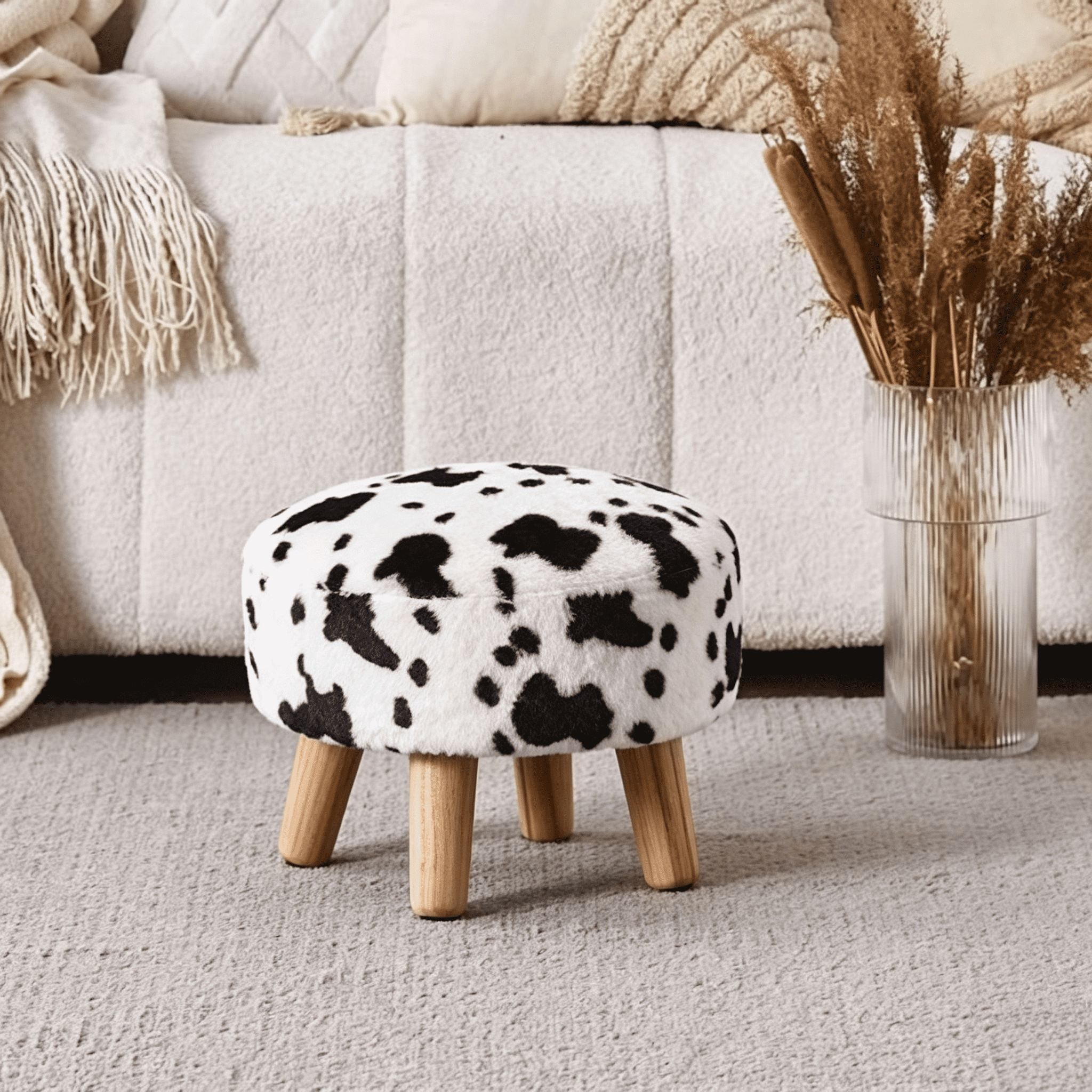 Round Mushroom Footstool Ottoman, Rabbit Wool Upholstered Small Stool with Solid Wood Legs, Cute Shoe Changing Stool, Step Stool, Sofa Footrest for Living Room & Bedroom Cow