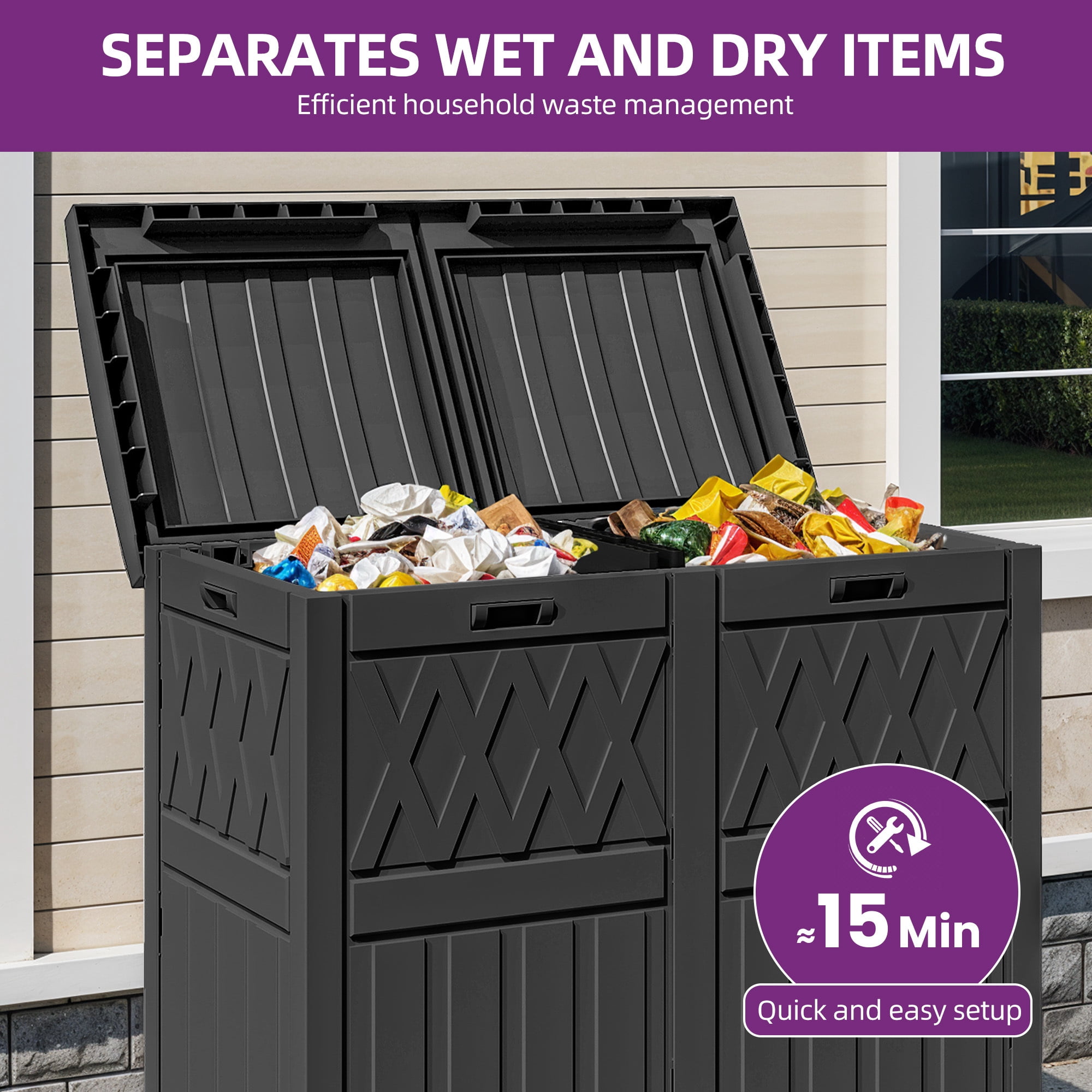 Uforic 62 Gallon Dual Compartment Outdoor Garbage Bin, Waterproof Resin Trash Can with Tiered Lid & Drip Tray for Patio Deck Backyard, Black