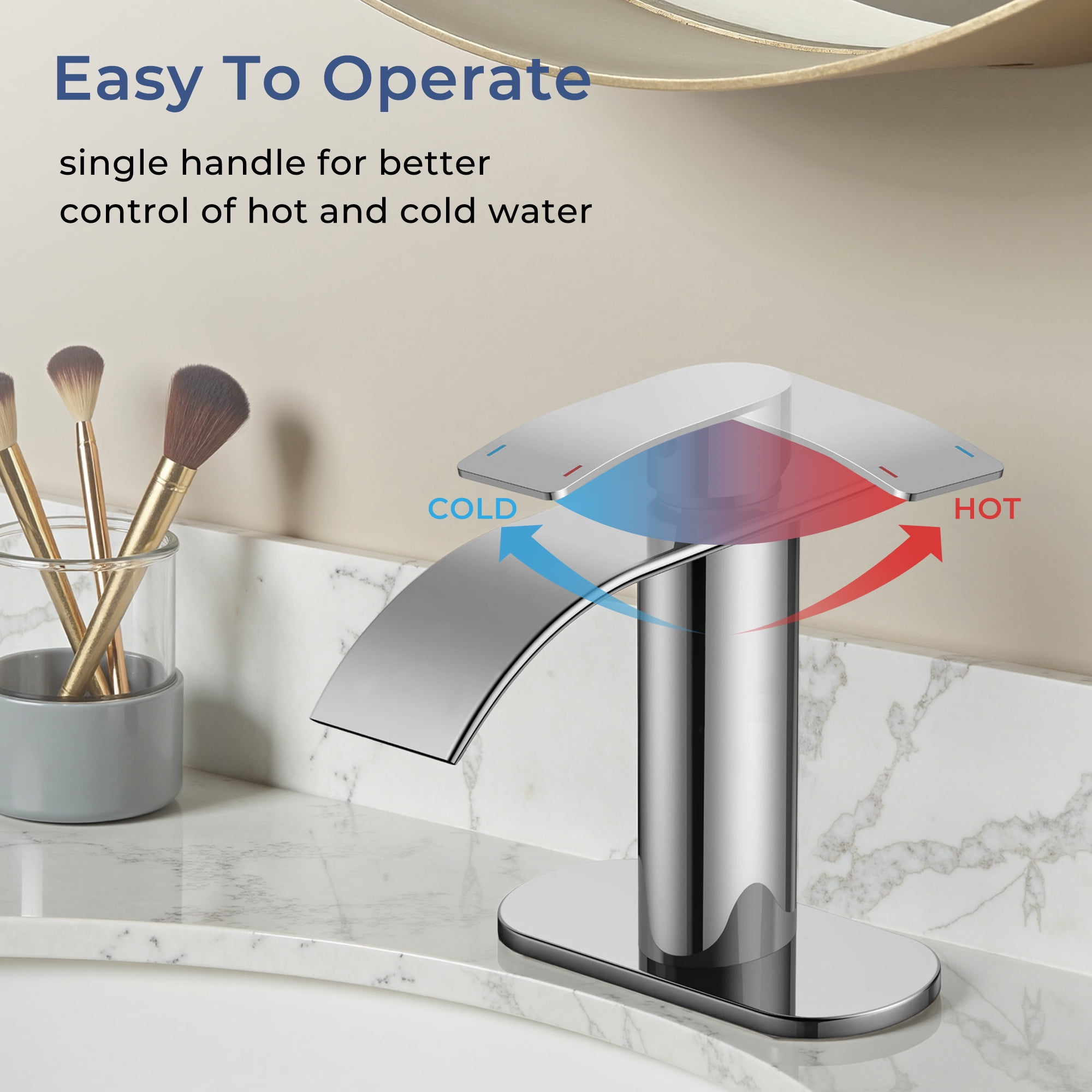 TVOFEK Waterfall Bathroom Faucet 1 or 3 Hole, Chrome Single Handle Bathroom Sink Faucets with Metal Pop up Drain and Deck Plate for Vanity Basin RV Lavatory