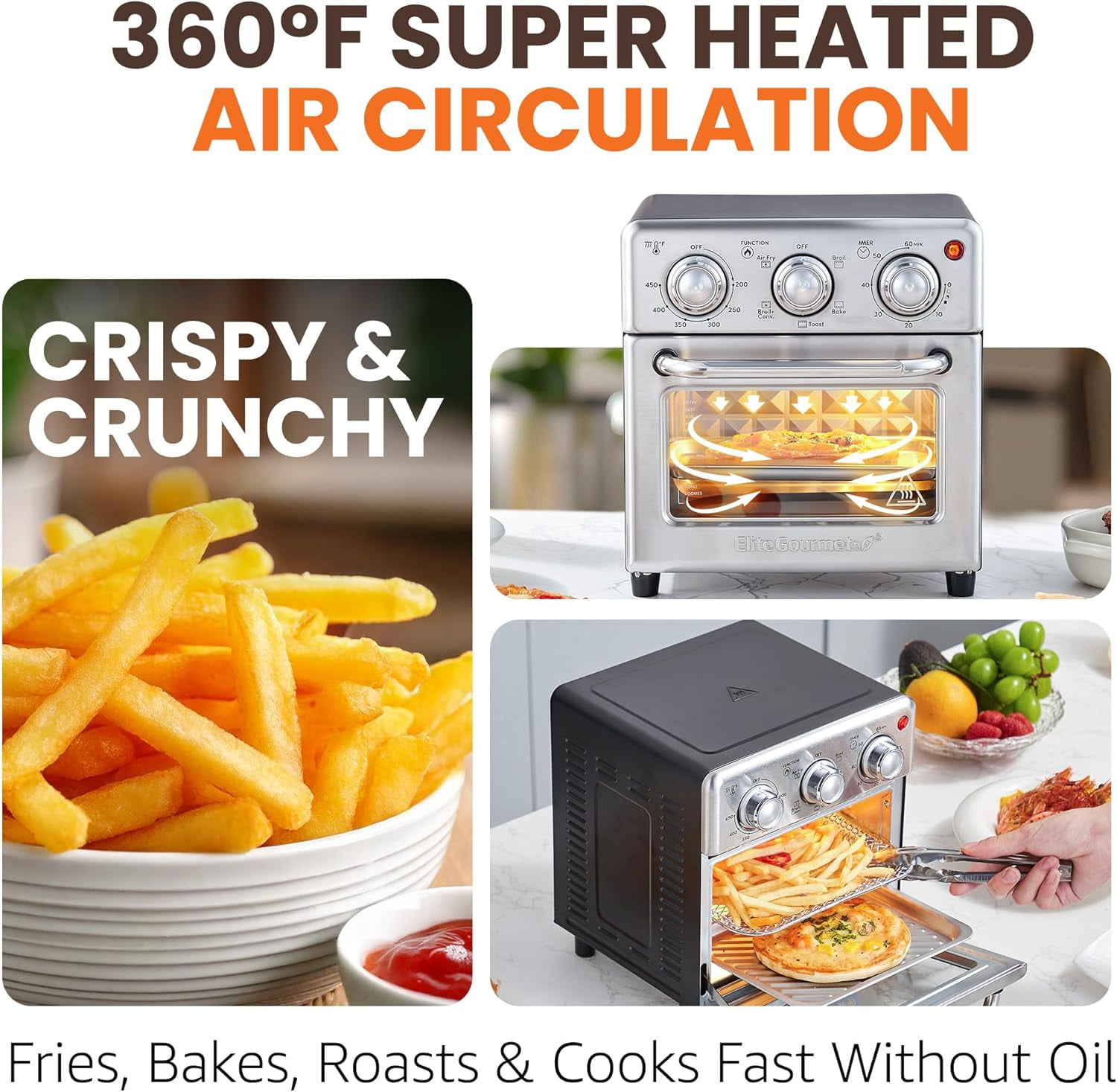 Elite Gourmet EAF0852SS 8.5Qt. Capacity Air Fryer Oven, Air Fry, Broil, Toast, Bake & Broil with Convection, Time and Temperature Controls, 800-Watts, Includes 25 Delicious Recipes, Stainless Steel