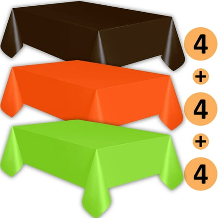 Brown Table Covers 12 Plastic Tablecloths - Brown, Orange, Lime Green - Premium Thickness Disposable Table Cover, 108 x 54 Inch, 4 Each Color ()