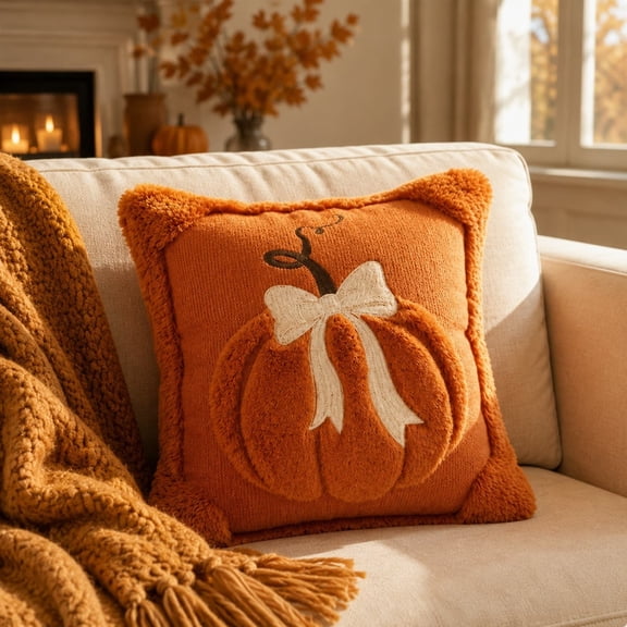 JUNBY Fall Pumpkin Throw Pillow Covers, 18x18 Soft Plush Fall Decorative Pillow with Cream Bow,Cozy Corduroy Autumn Pillow Accent for Couch Sofa Bed Thanksgiving Decor, Burnt Orange