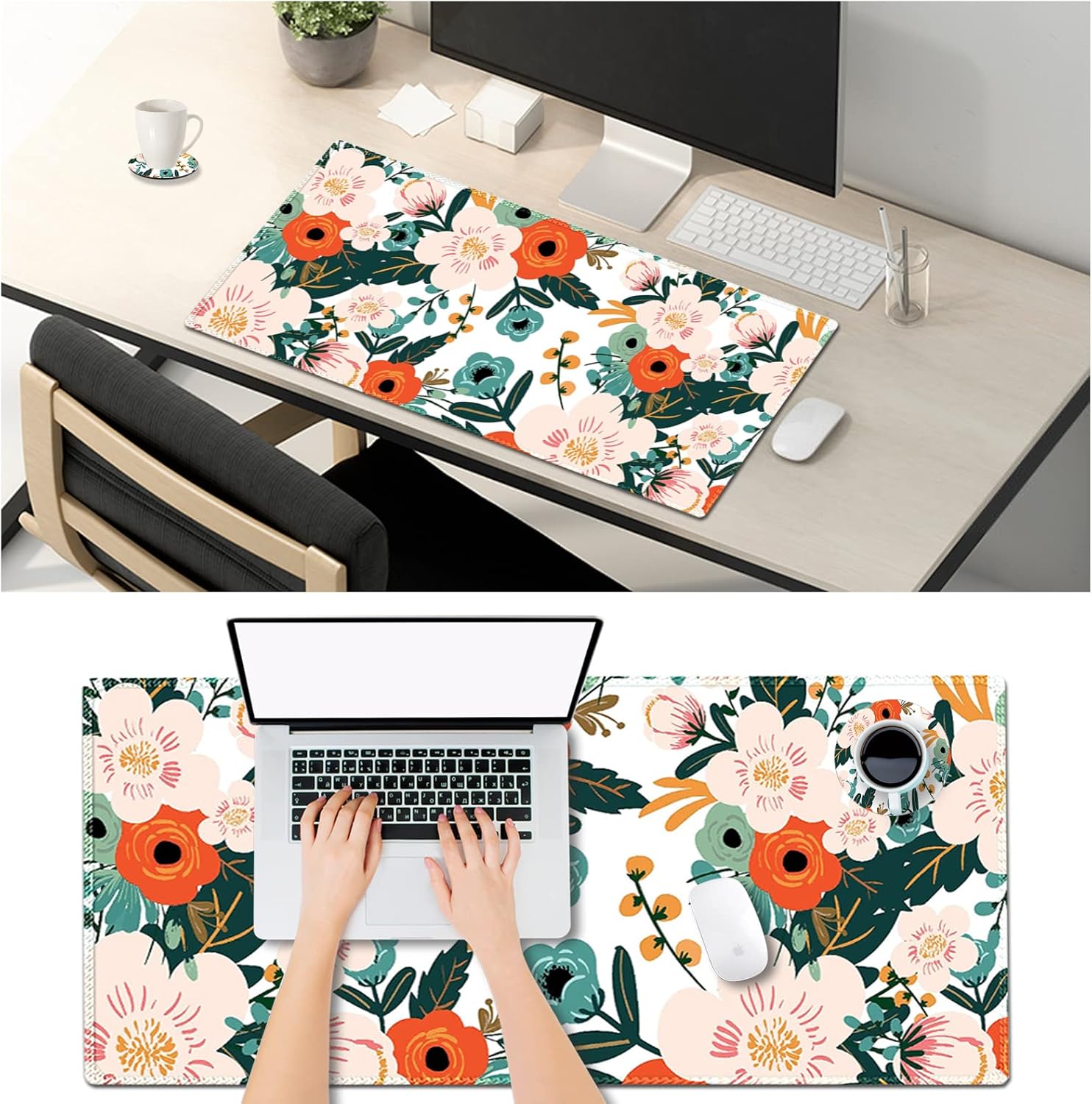 Large Gaming Mouse Pad with Stitched Edges, XXL Extended Keyboard Mat Long Mousepad Desk Decor Writing Pad 35.1x15.7 in, Non-Slip Base for Work, Game, Office, Home, Flower