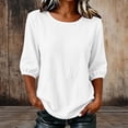 thumbnail image 2 of Womens Casual Tops, Crew Neck Mid Sleeve Curved Hem Solid Shirts, Summer Beach Vacation Wear, Trendy Tops for Women | VerBelle,White 2XL, 2 of 8