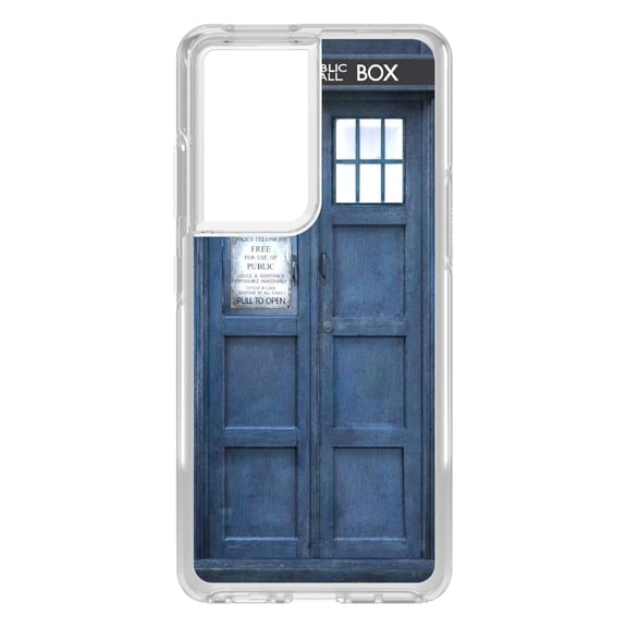 DistinctInk Clear Shockproof Hybrid Case for Galaxy S21 ULTRA 5G (6.8" Screen) - TPU Bumper, Acrylic Back, Tempered Glass Screen Protector - TARDIS Call Box Photograph