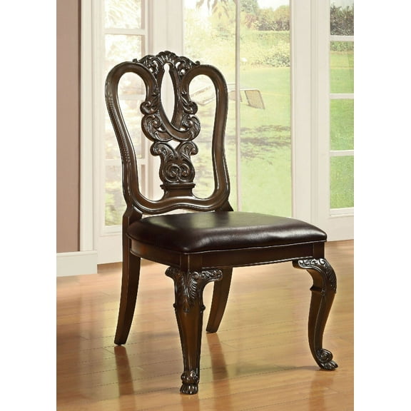 Brown Cherry Traditional Dining Room Furniture Set of 6 Side Chairs Intricate back Design Leatherette Padded Seat Chair