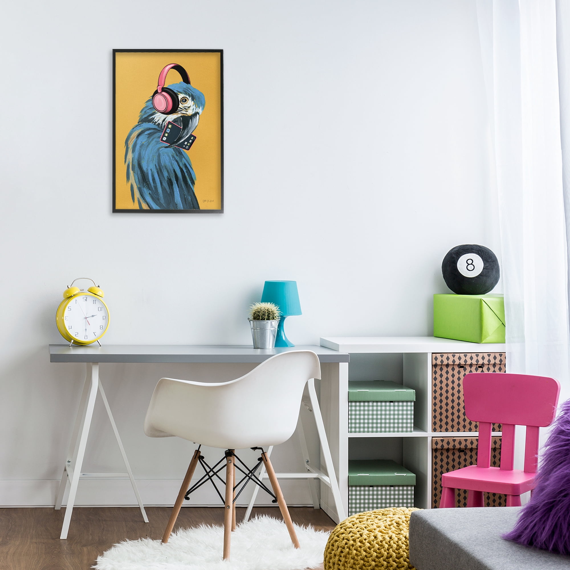 Stupell Industries Parrot Listening to Music Animals & Insects Painting Black Framed Art Print Wall Art, 16 x 24