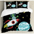 thumbnail image 1 of Alien Duvet Cover Set Queen Size, Extraterrestrial Being with Hello Speech Balloon Cartoonish Design, Decorative 3 Piece Bedding Set with 2 Pillow Shams, Dark Violet Blue Multicolor, by Ambesonne, 1 of 3
