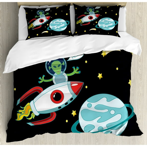 Alien Duvet Cover Set Queen Size, Extraterrestrial Being with Hello Speech Balloon Cartoonish Design, Decorative 3 Piece Bedding Set with 2 Pillow Shams, Dark Violet Blue Multicolor, by Ambesonne