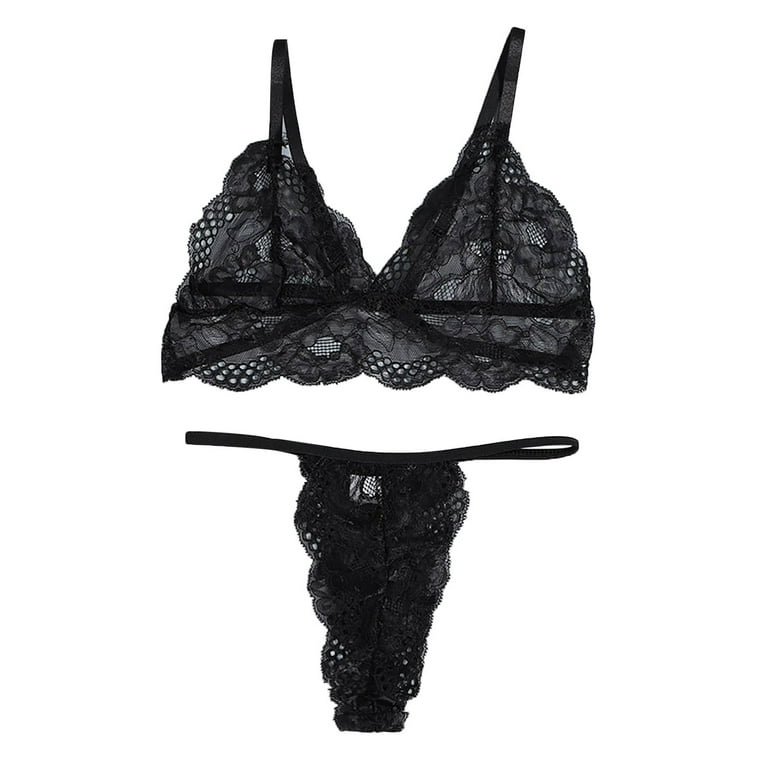 Toyfunny New Women Plus Size Lace Lingerie Bra+Thong Underwear Set Black  Sleepwear S-3XL 