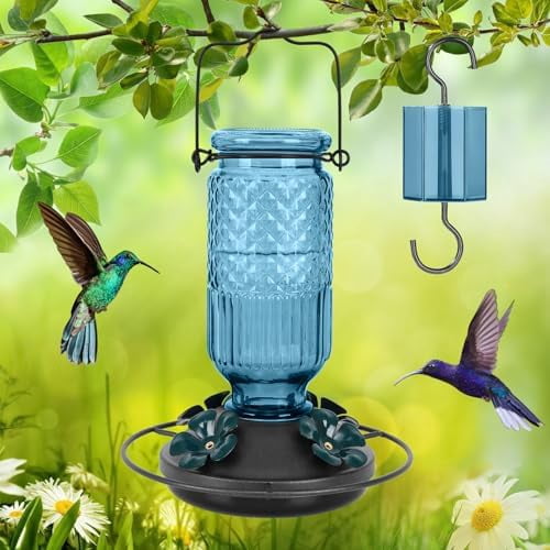 Glass Hummingbird Feeder for Outdoors Hanging, 16 OZ Humming Birds Feeders with 4 Bee Guard Feeding Ports & Built-in Ant Moat, Hummingbird Gifts for Mom, Bird Feeder for Outside, Blue