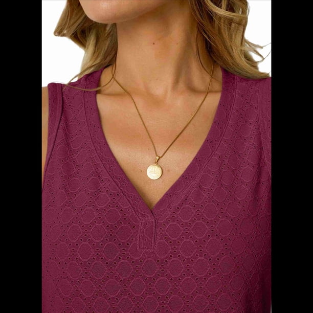 Camiseta Sin Mangas Estilo Bohemio con Cuello en V y Bordado de Ojales para Mujer, para Vacaciones en la Playa, Color Vino Tinto, Talla XL
