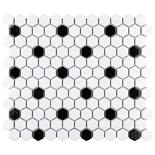 SomerTile FXLMHWBD Retro Hexagon Porcelain Mosaic Floor and Wall Tile, 10.25" x 11.75", White with Black Dot