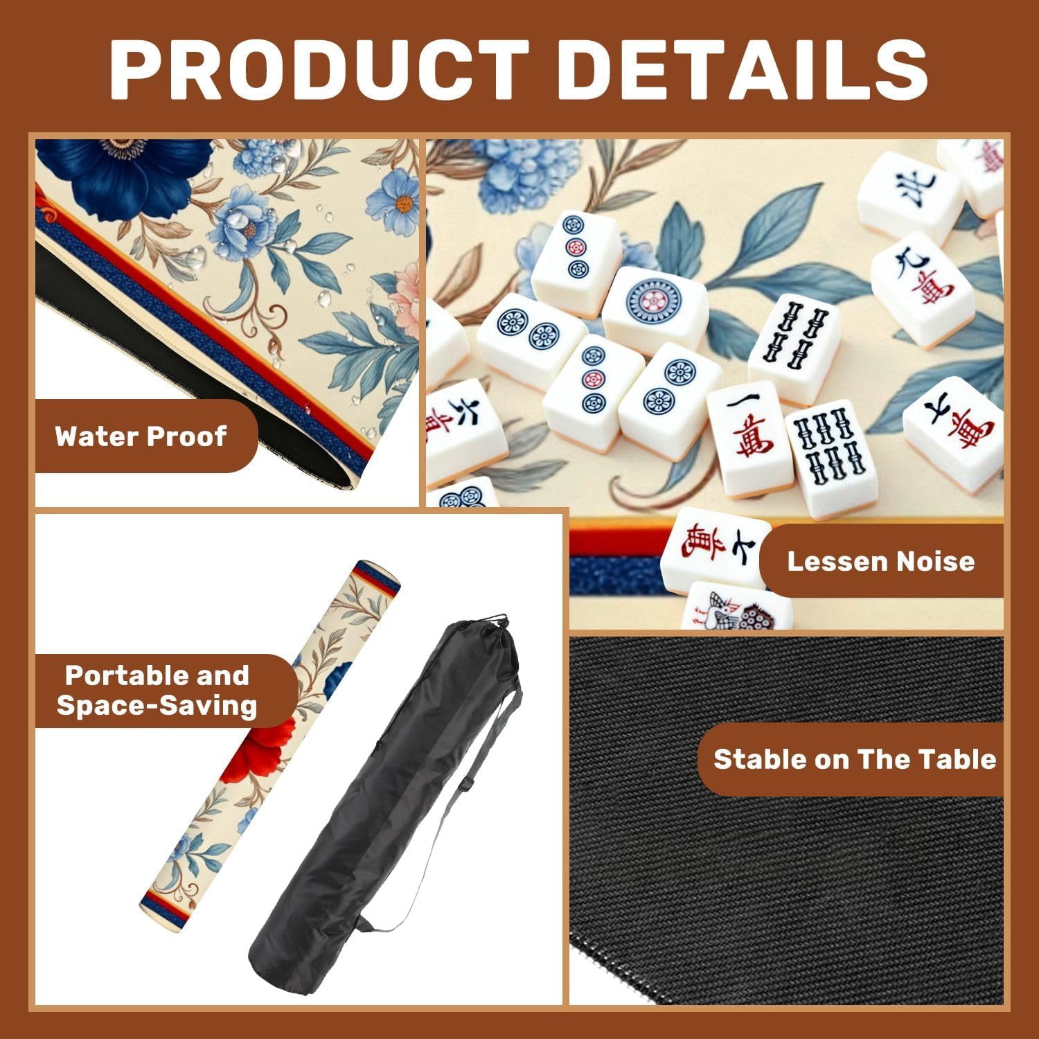 Mahjong Mat with Carrying Bag 31.5" x 31.5" Non-Slip Noise Reduction Floral Red Blue Flowers Cream Ornamental Botanical Design Table Mat for Mahjong Poker Dominoes Card Board Tile Games