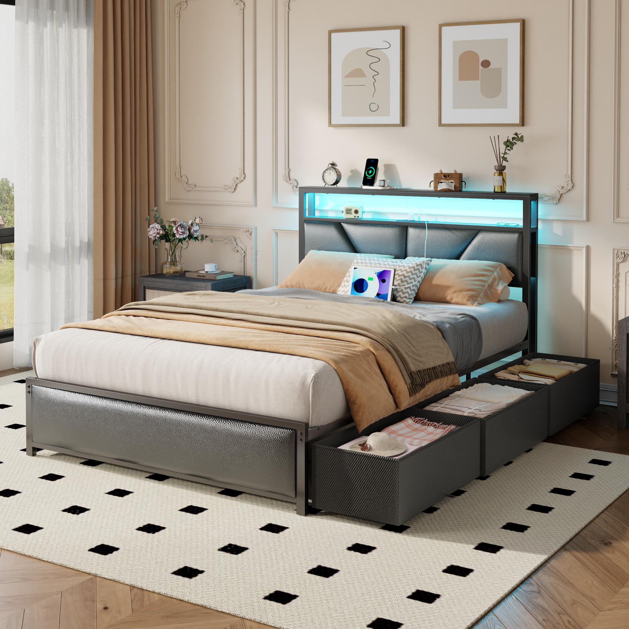Satifur Full Bed Frame with 6 Storage Drawers, Metal Platform Bed Frame with 2-Tier Upholstered Storage Headboard & LED, Built in Charging Station, Noise-Free, No Box Spring Needed, Black