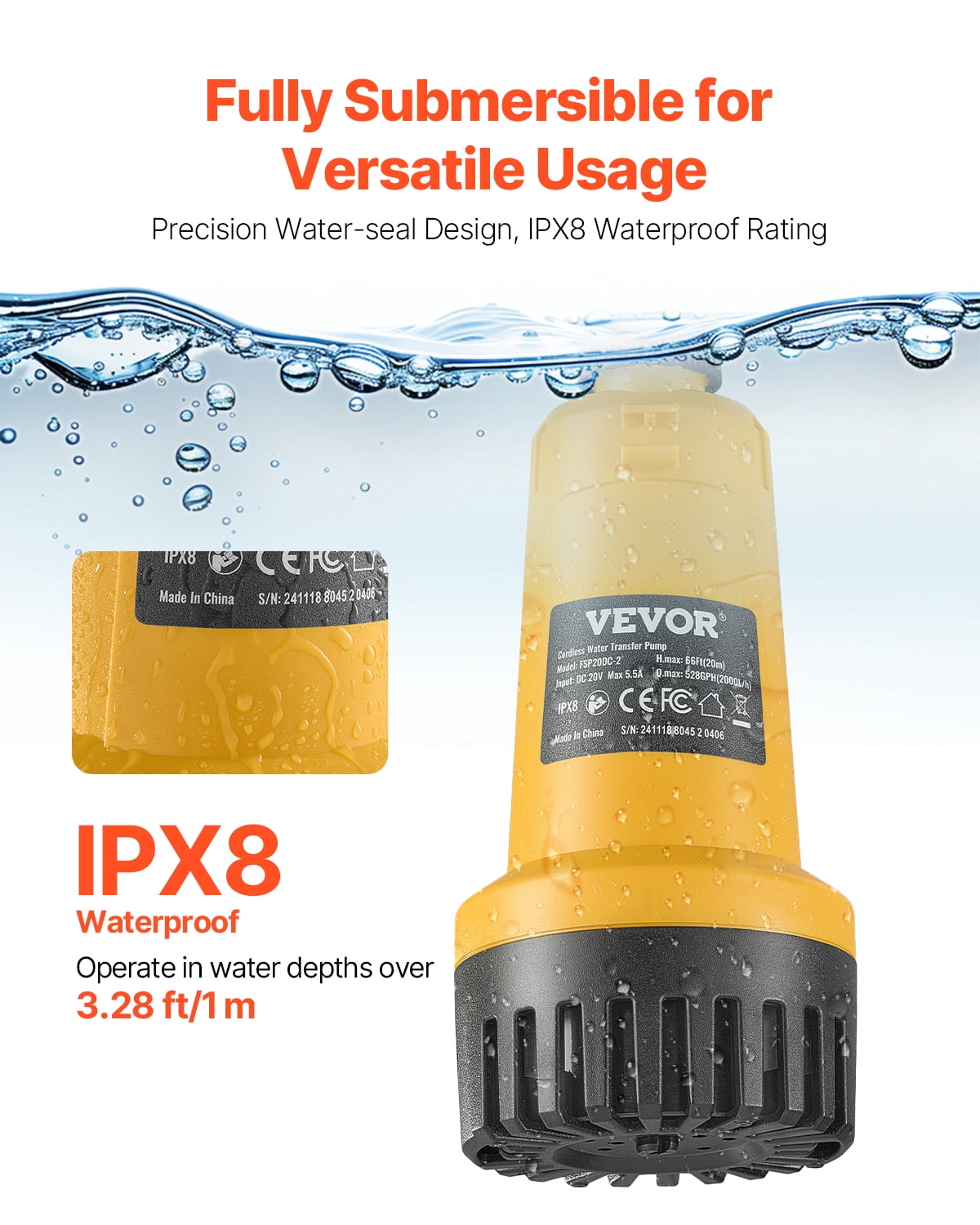 VEVOR Cordless Submersible Water Transfer Pump, 528GPH, Portable Sump Pump with G3/4" Garden Hose, Compatible with Dewalt 20V MAX Battery (No Battery), Electric Utility Pump for Pool, Garden, Pond