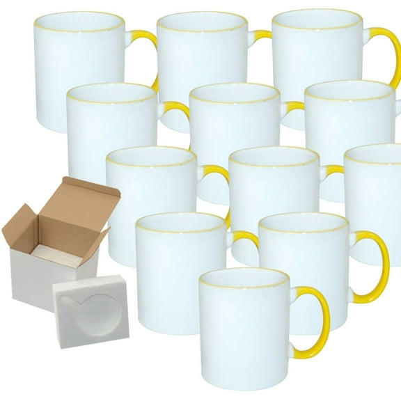 Mugsie 12 Pcs 11OZ Yellow Rim & Handle Sublimation Mugs With Foam Support Boxes