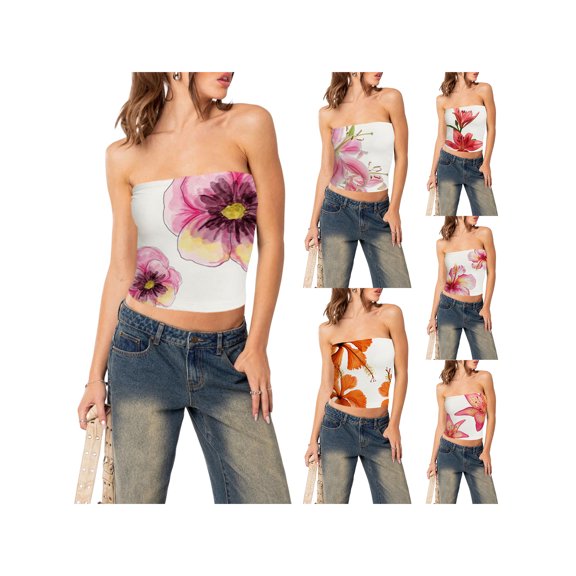 Baby Sweetie Women's Strapless Tube Top Flower Pattern Backless Bandeau Crop Tank Top Off Shoulder Cami Shirts