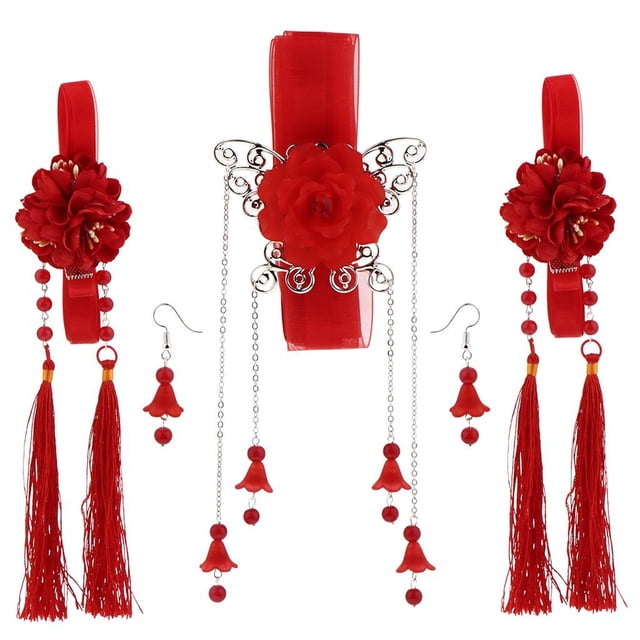 1 juego antiguo chino pinza de pelo borla cinta flor gota pendiente rojo Sunnimix Pinza de pelo chino antiguo