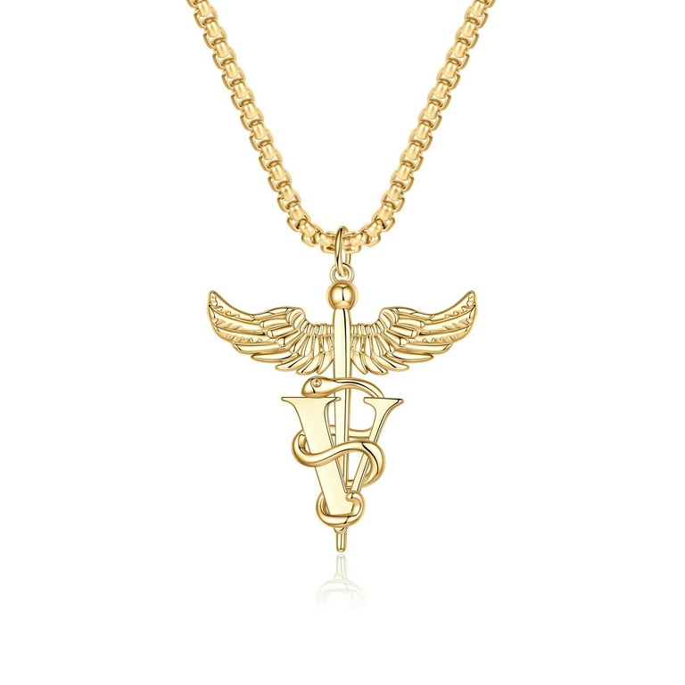 AUNOOL Nurse Gifts for Women Caduceus Symbol Necklace Medical Gift for Girls Caduceus Letter V Pendant Necklace for Women