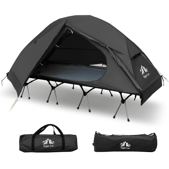 Night Cat Camping Cot Tent - Waterproof 1-Person Off-Ground Combo Cot Bed for Adults Portable Easy Set-up Tent Black 27.5'' Width