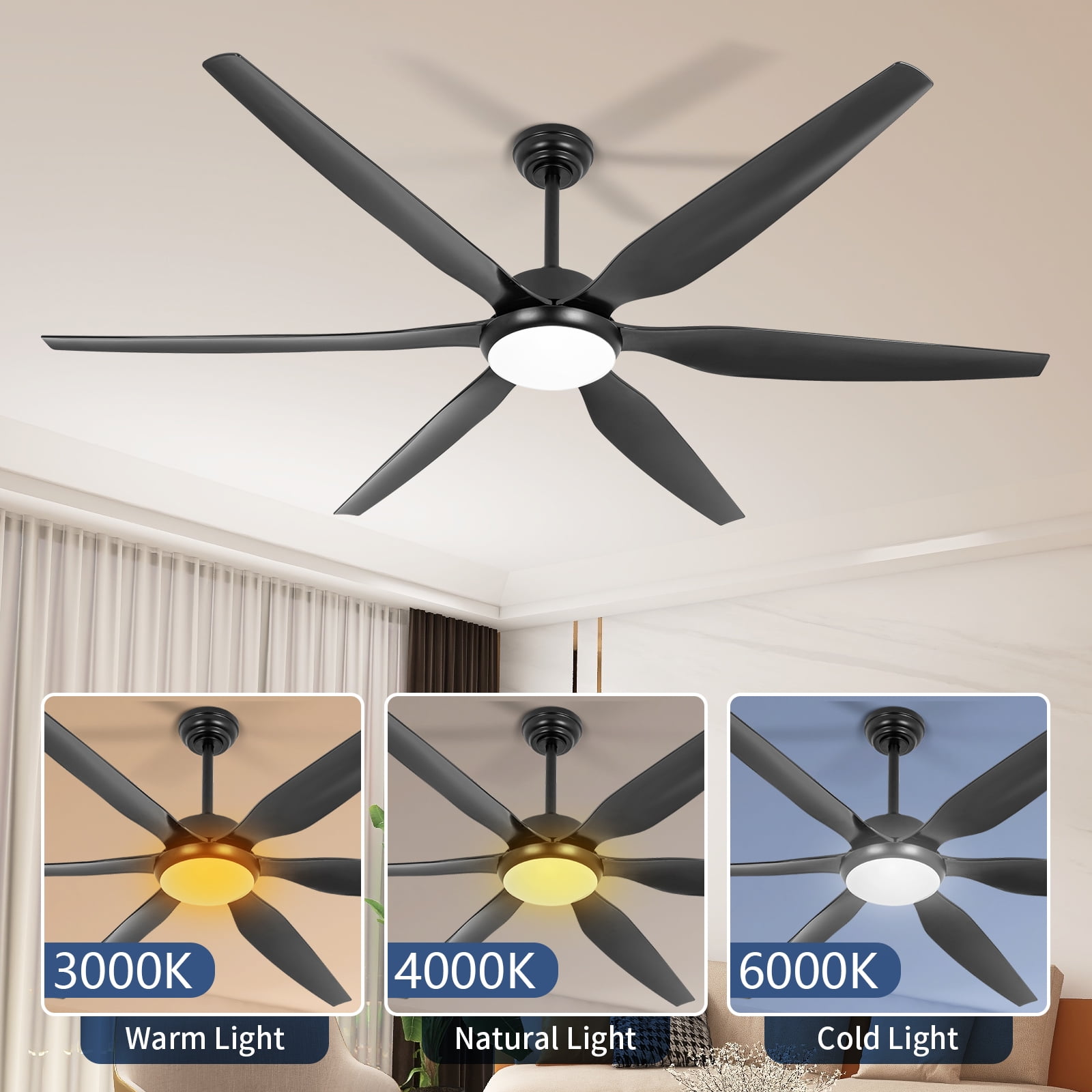 Wozzio 65 inch Ceiling Fan with Light and Remote, 3CCT Dimmable LED Light, 6 Black ABS Blades, Indoor & Outdoor