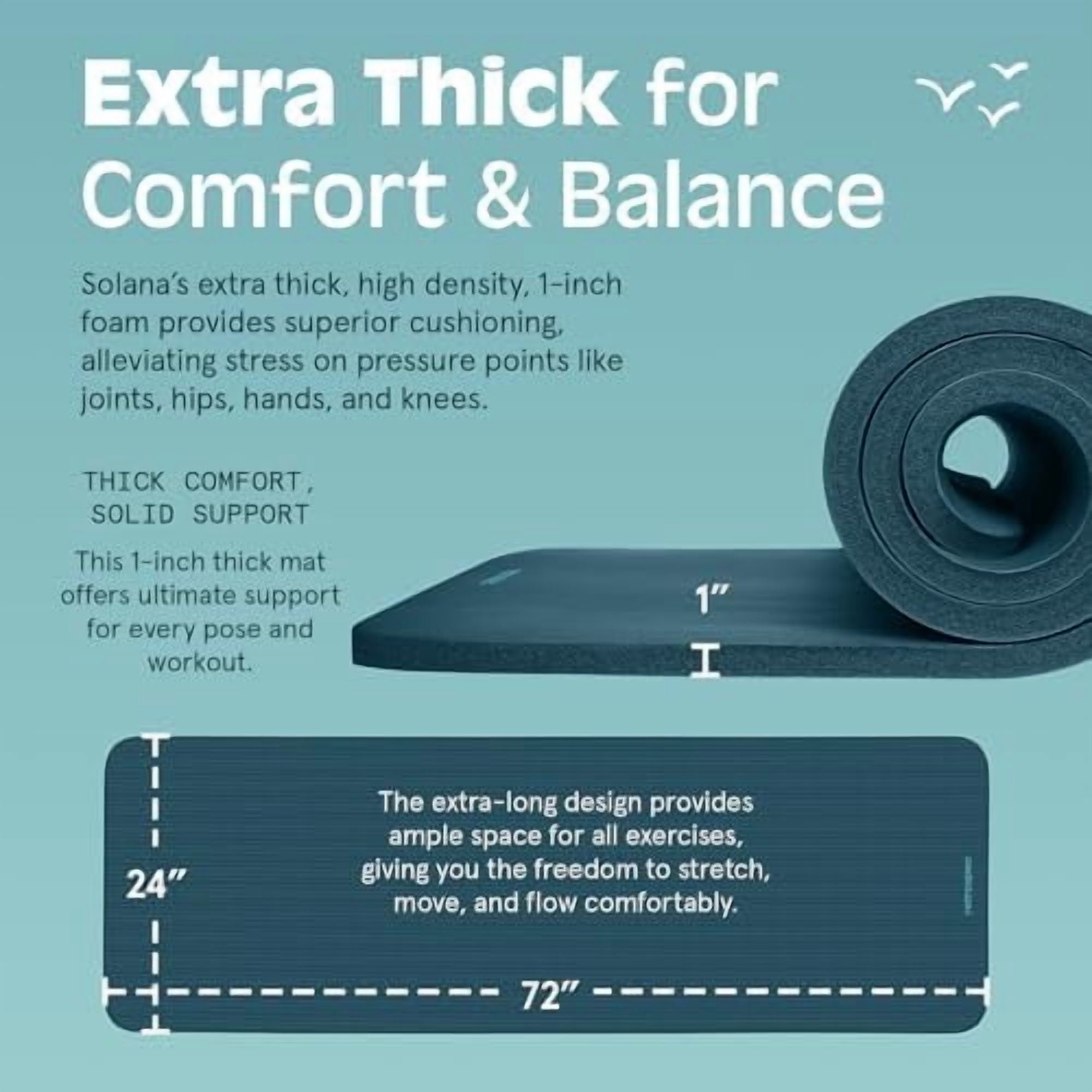 Solana Yoga Mat 1" Thick w/Nylon Strap for Men & Women - Non Slip Exercise Mat for Home Yoga, Pilates, Stretching, Floor & Fitness Workouts
