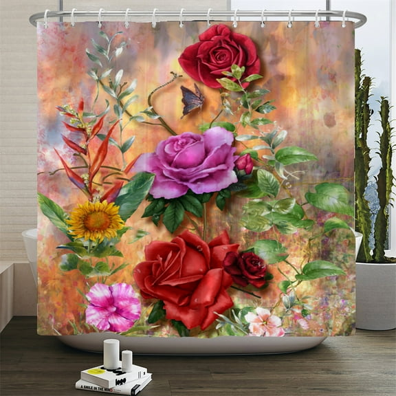 Retro Blooming Flowers Shower Curtains Bathroom Curtains Waterproof Polyester Ba