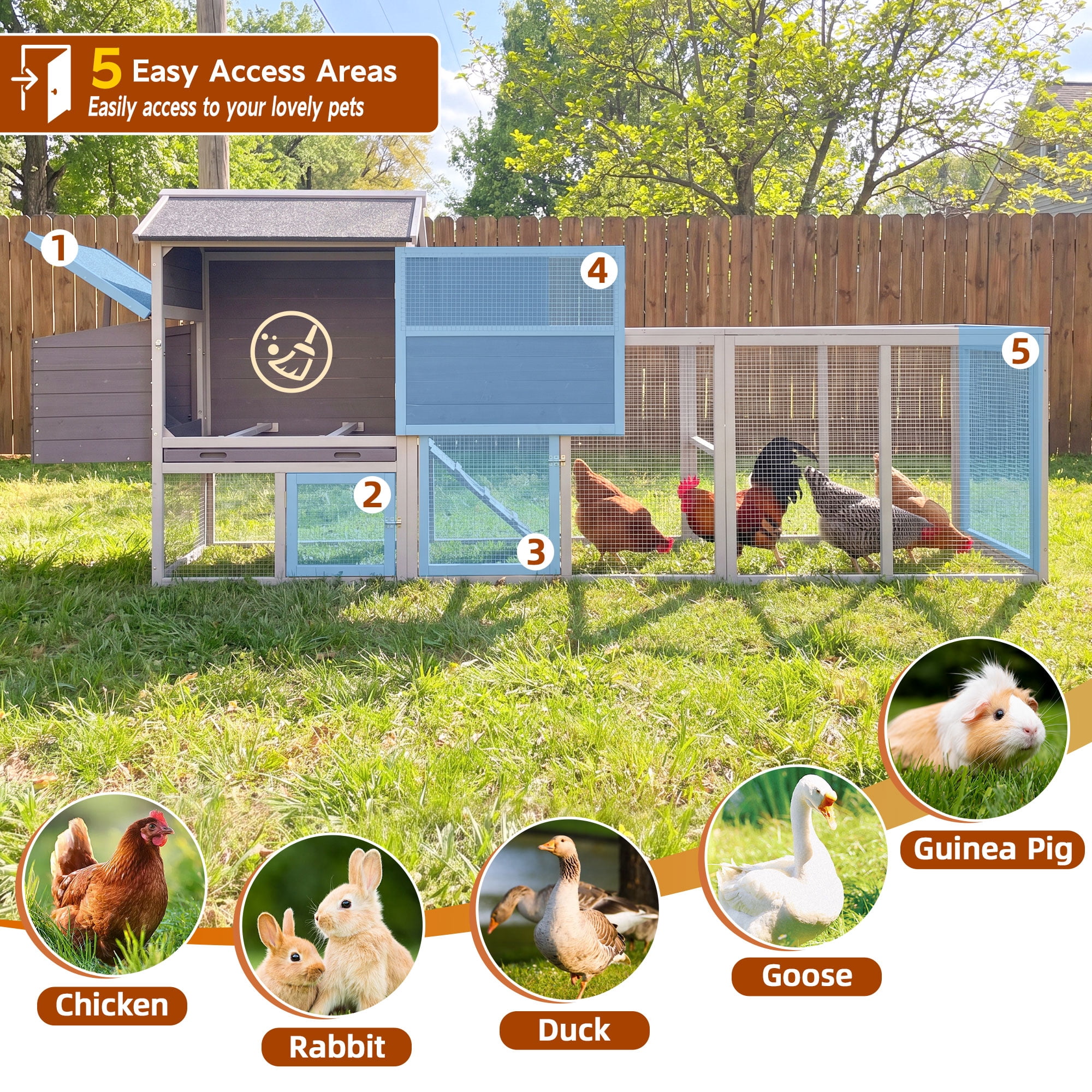 Backyard Chicken Coop with Nesting Box, Weather Resistant Wooden Hen House, Walk-In Run Options, Fits 2-6 Chickens, Gray Coop with Run