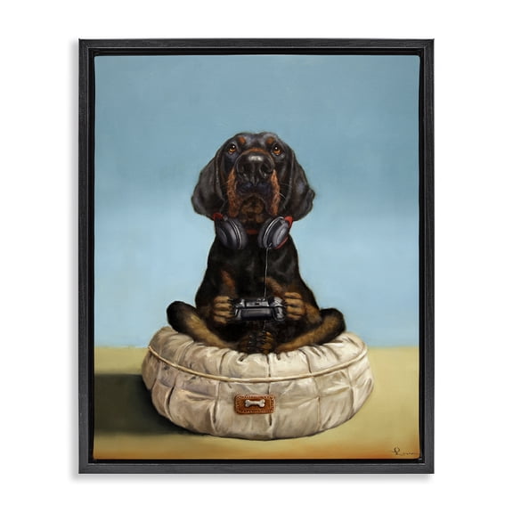 Stupell Industries Game Boy Playing Dog Black Framed Floater Canvas Wall Art, design by Lucia Heffernan